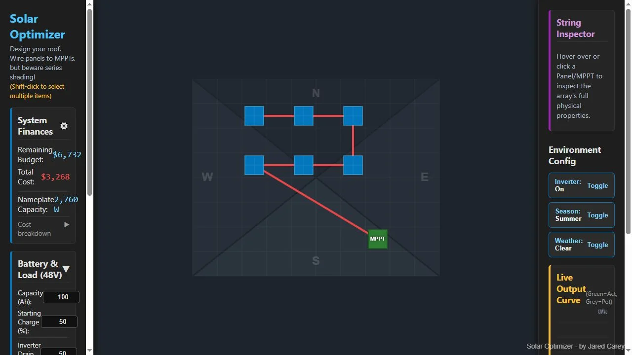 Classic Solar Optimizer interface showing six connected panels and an MPPT on a roof plan