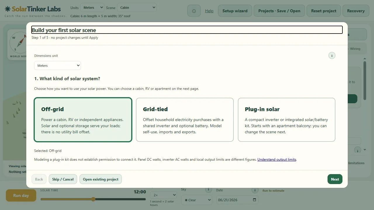 The first wizard page offers Off-grid, Grid-tied and Plug-in solar choices