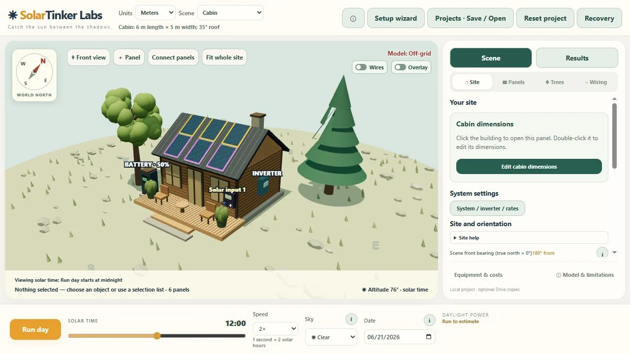 SolarTinker 3D viewer interface with a cabin, rooftop panels, site settings and solar-time controls