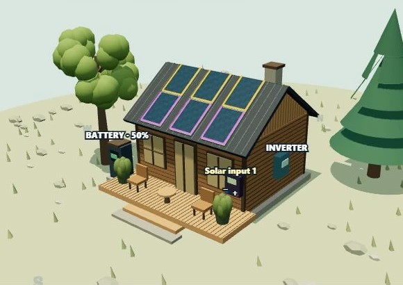 Solar panels on a cabin roof, surrounded by trees in the SolarTinker 3D viewer